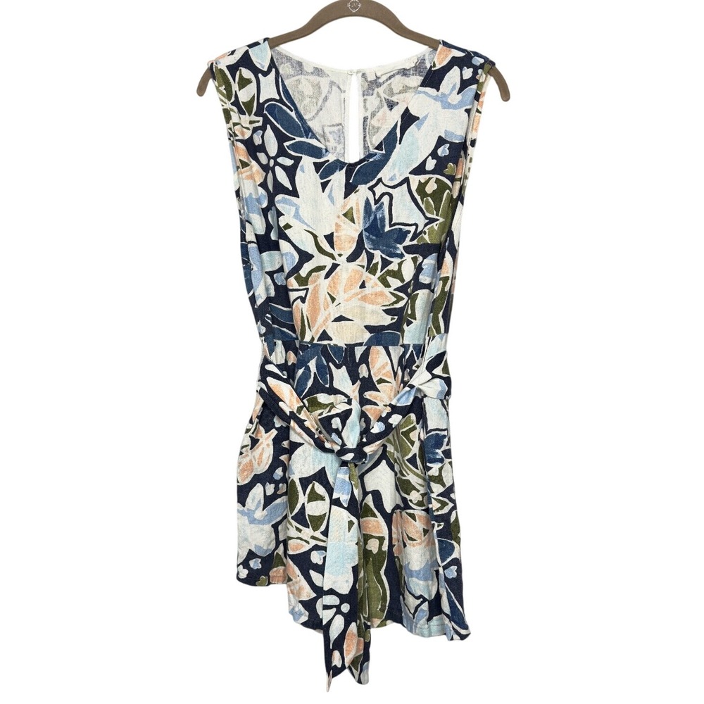 Lush Floral Print Sleeveless Linen‎ Blend Romper with Tie Waist Casual Chic sz L